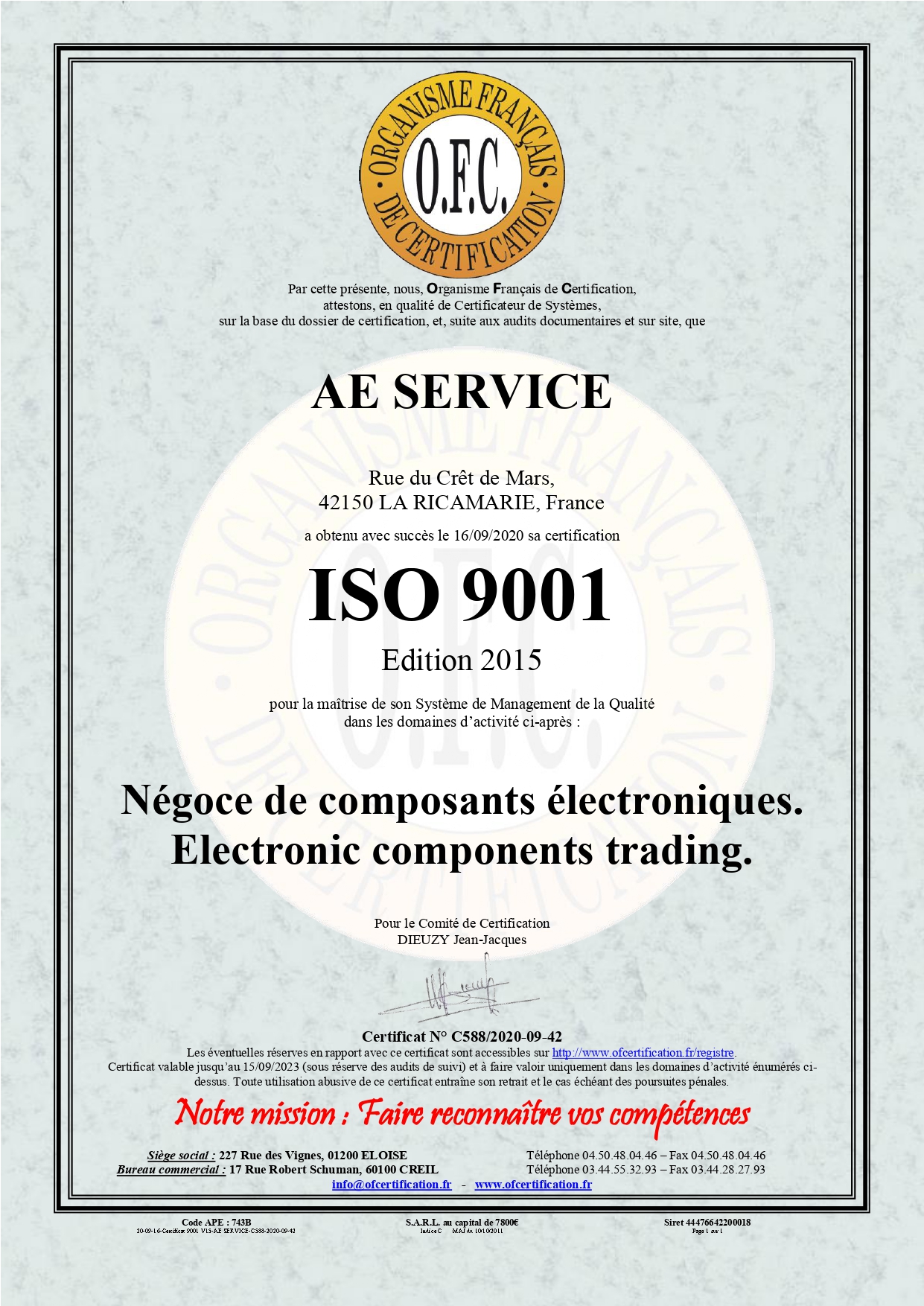 Certification ISO AE Service